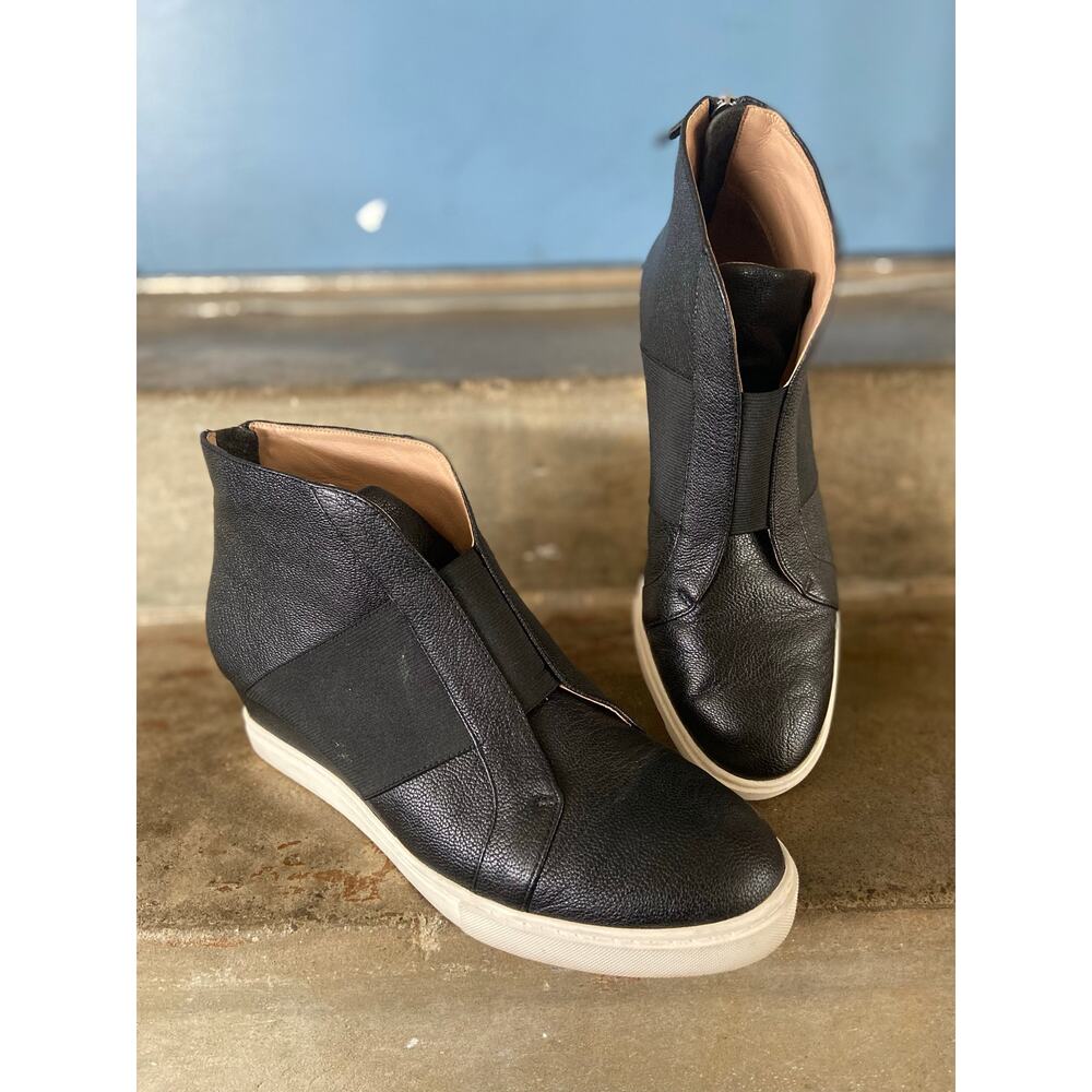 Linea Paolo Felicia Black Leather Platform Wedge Sneaker Bootie